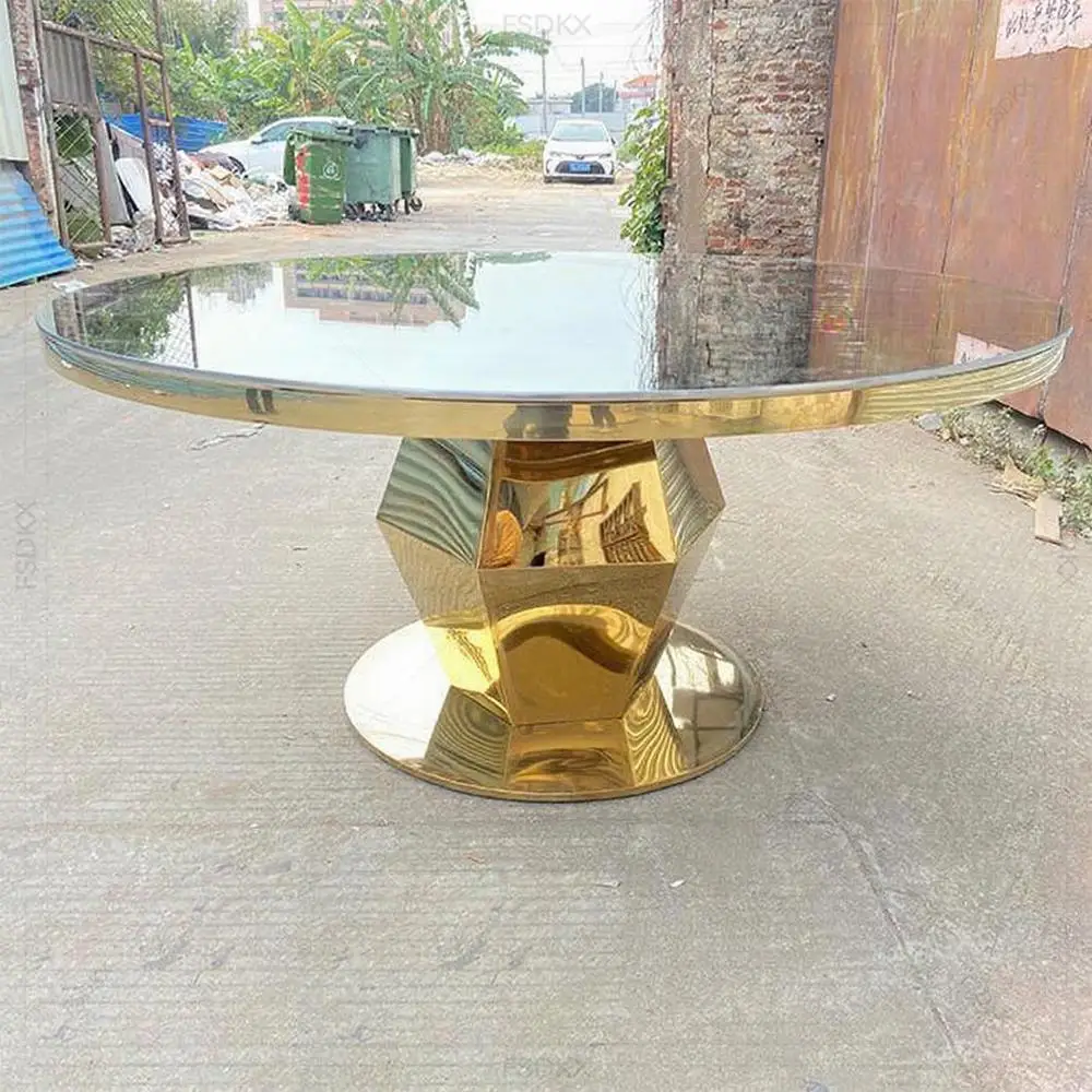 FSDKX Foshan Furniture 150cm Round Mirror Table for Wedding Gold Stainless Dining Table for Wedding Part Events