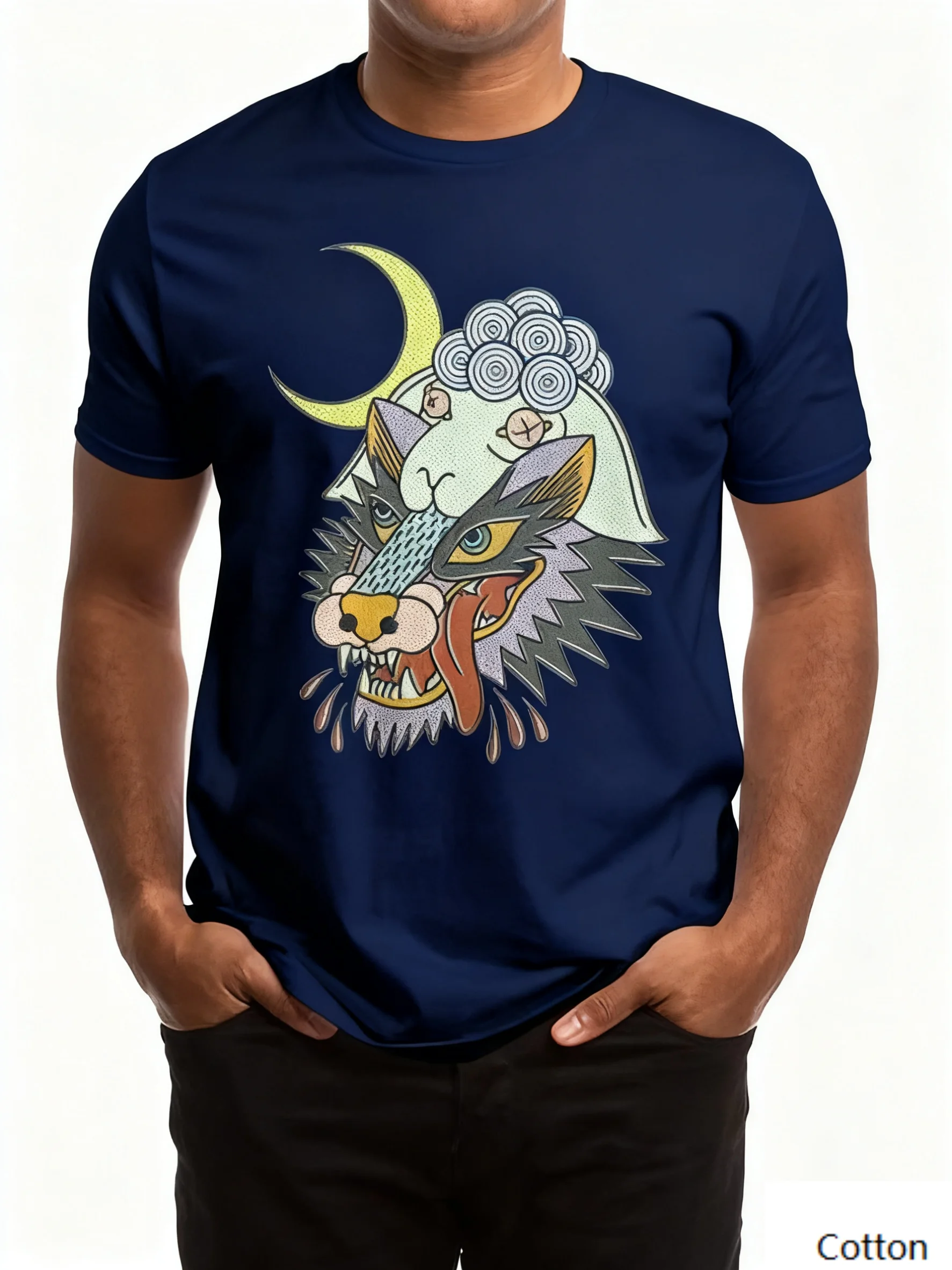 Хлопковая футболка с круглым вырезом Nostalgic Fantasy «Vintage Moon Wolf Feel» с креативным принтом волка, полумесяца