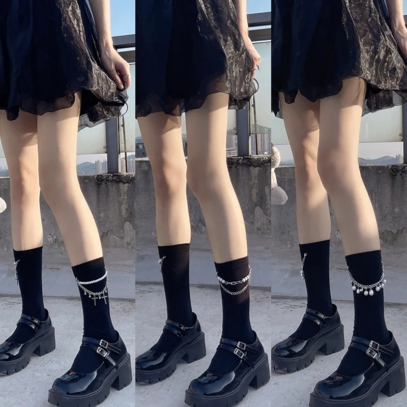 

Women Socks Pearl Chain Cross Middle Socks Solid Knee High Socks Fashion Cool Punk Style Lolita JK Cosplay Sexy Cotton Stockings