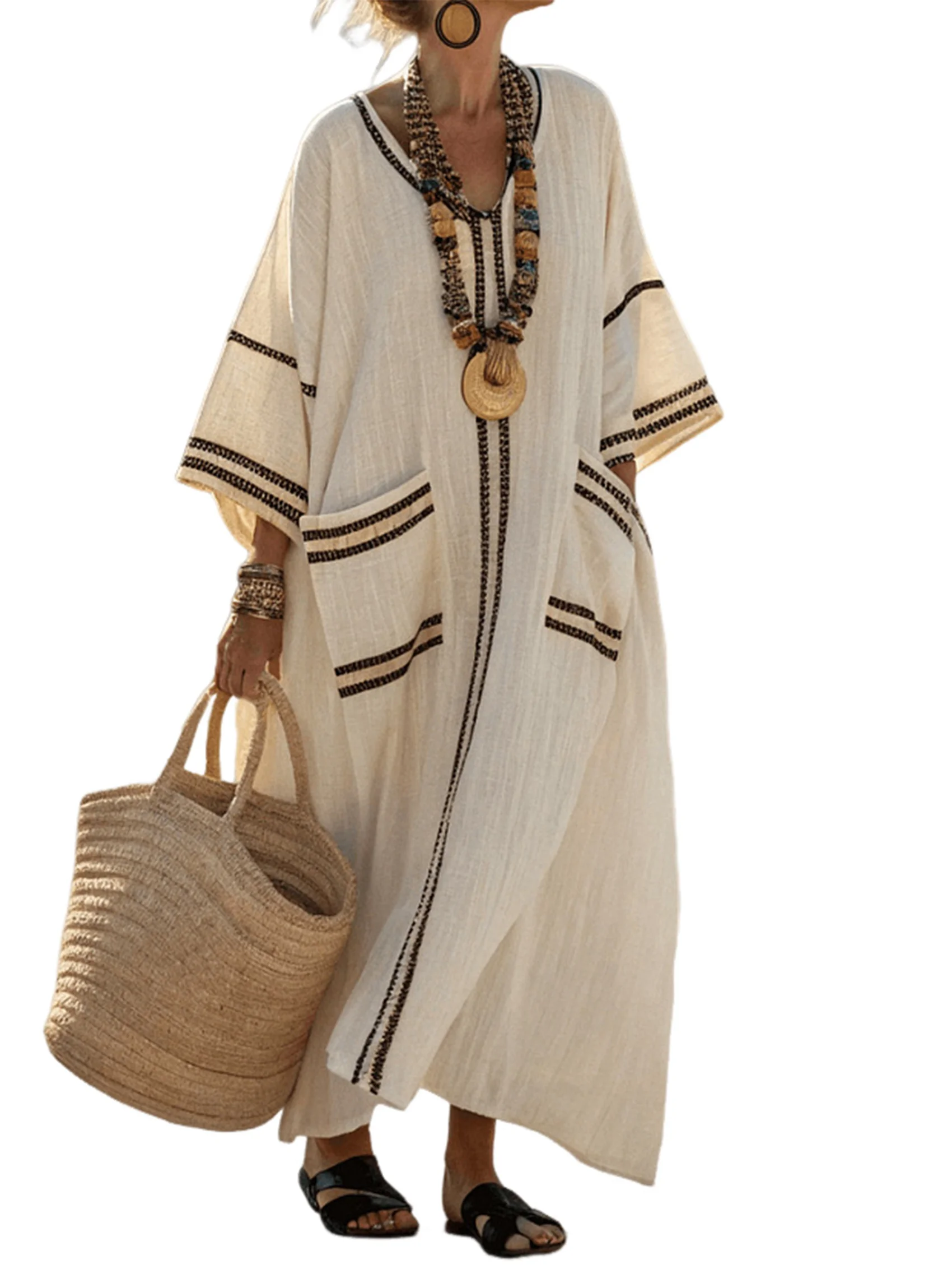 ABRT-فستان نسائي صيفي فضفاض كبير الحجم من القطن والكتان برقبة على شكل V بوهو كتلة ألوان قفطان طويل مع فتحة #5