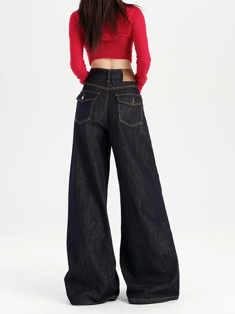 

Американские джинсы с высокой талией и широкими штанинами, синие, женские, весенне-осенние, свободного кроя, длинные брюки прямого силуэта