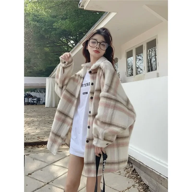 Long-sleeved Shirt Fluffy Loose Lazy Wind Cardigan Streak Sweater Female All-match Jacket Coat Autumn and Winter Soft Comfort