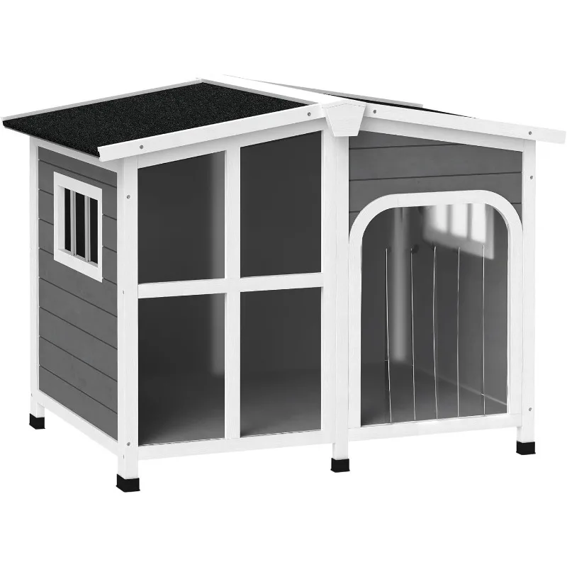 Cabin-Style Wooden Dog House for Large Dogs Outside with Openable Roof & Giant Window, Big Dog House Outdoor & Indoor, As