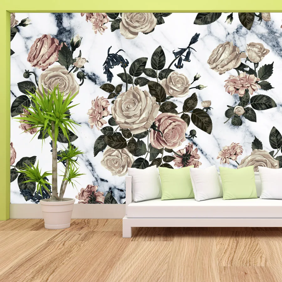 

Custom Contact Paper Peel and Stick Wallpapers for Living Room Photo Wall Papers Home Decor Floral Rose Marble Design Sofa Mural