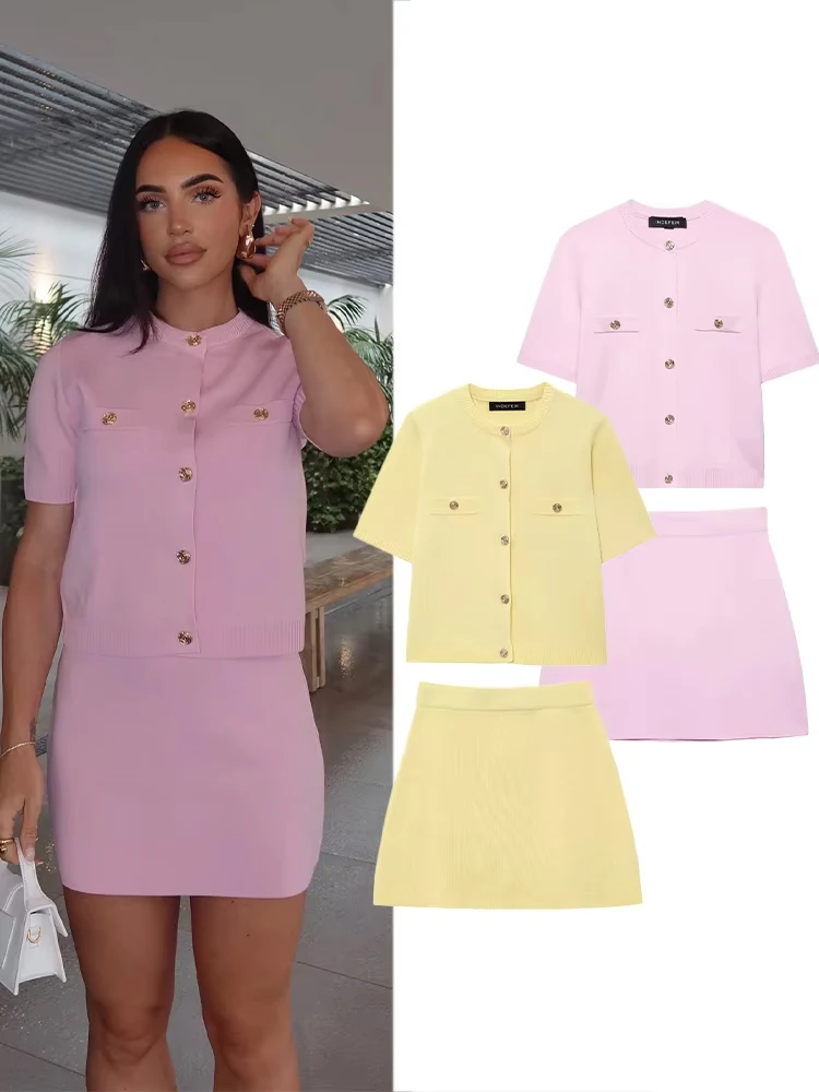 

HH Women Summer Sexy 4-Color Knitted Skirt Suit Crew Neck Single-Breasted Short Sleeve Top+Elegant Elastic Waist Mini Skirt