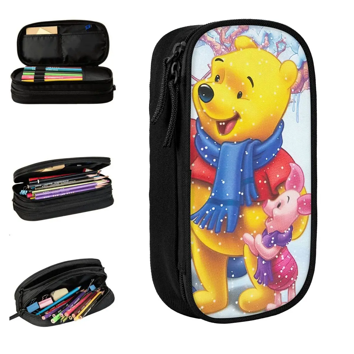 Winnie The Pooh In Winter Pencil Case Back To School Pencil Cases Zipper Student Kawaii Portable Pencil Bag Stationery Organizer