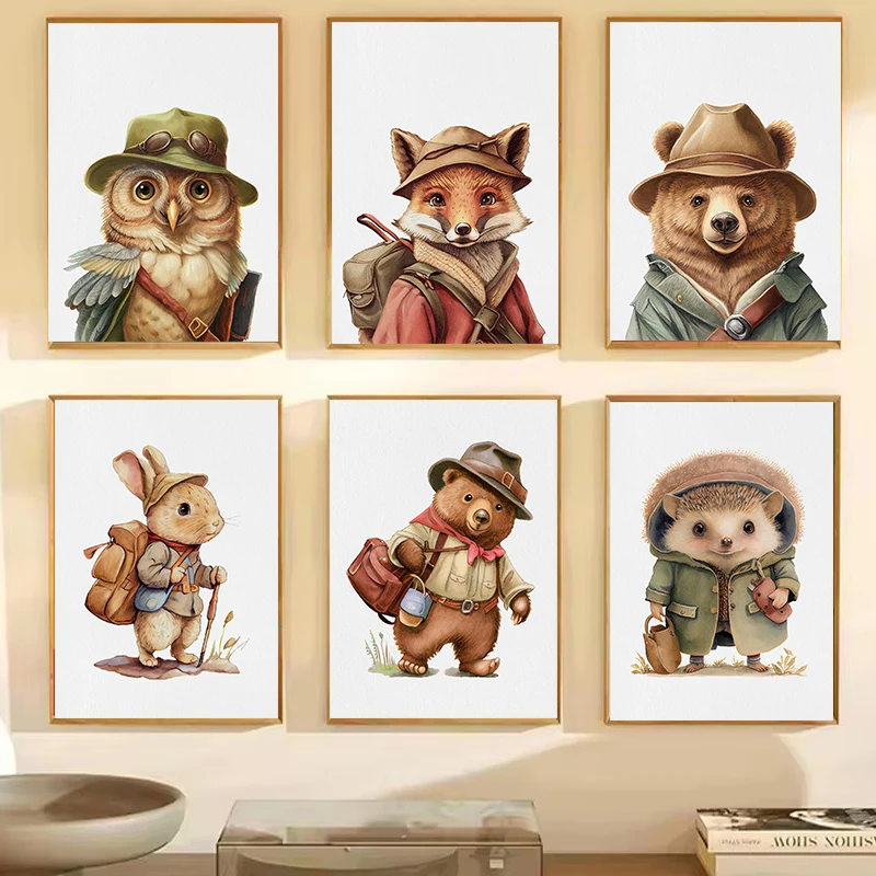 Animal Explorer Poster Prints Fox Bear Owl Nursery Wall Art Canvas Painting Nature Friends Picture Kids Room Adventure Decor