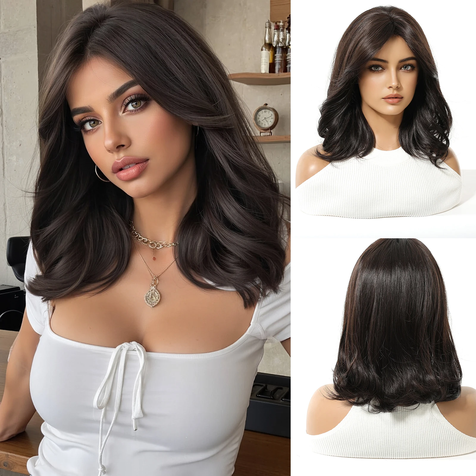 

Natural Black Wavy Synthetic Wigs Medium Length Middle Part Wig for Women Daily Party Lolita Use Heat Resistant Fiber