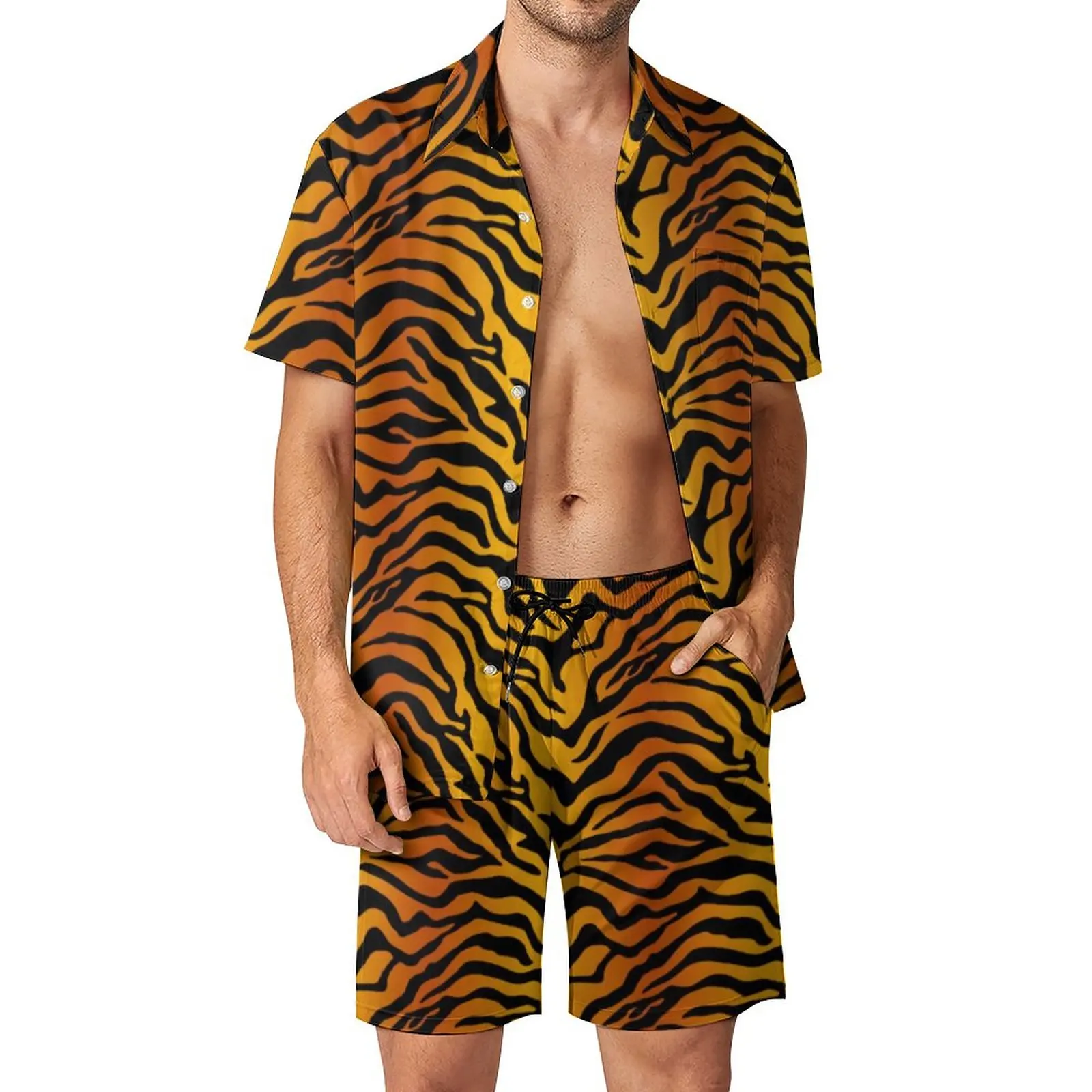 Camouflage Tiger Print Men Sets Black Stripes Casual Shirt Set Trendy Beachwear Shorts Summer Suit Two-piece Clothes Big Size