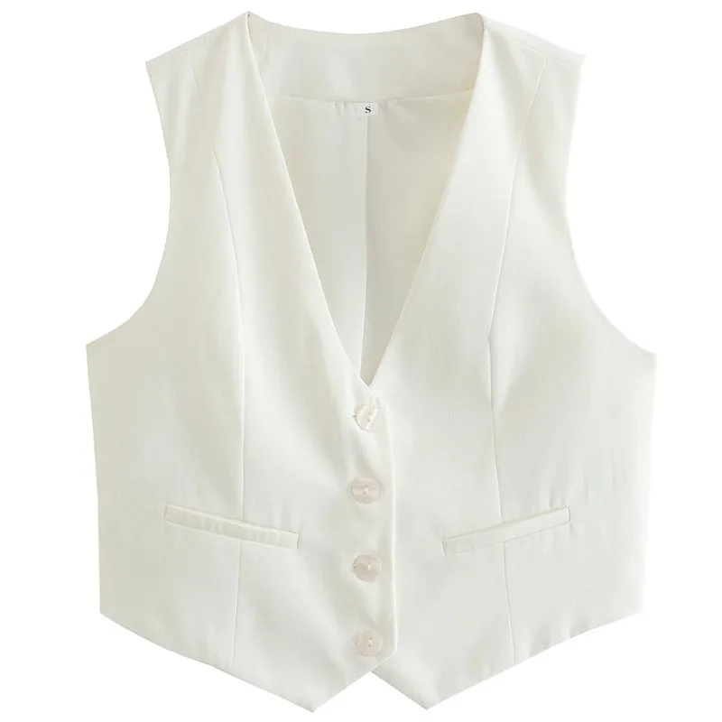 HXAO Cropped Vest Women V-Neck Sleeveless Waistcoat 2024 Fashion White Black Single-Breasted Vest Chic And Elegant Ladies Gilets