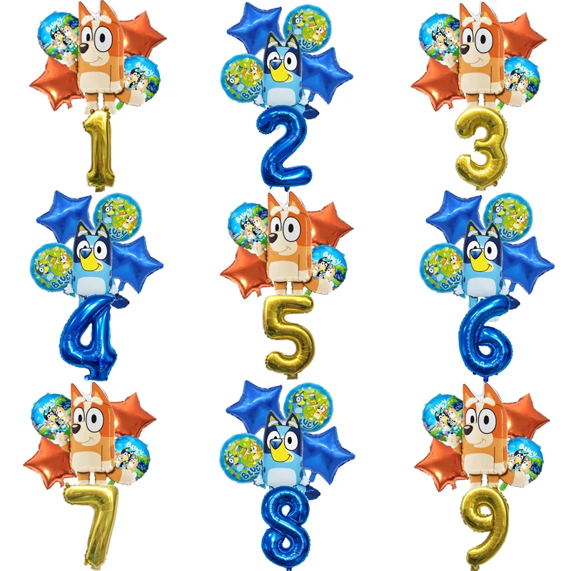 6Pcs Set Blueys Bingo Birthday Decorative Ballons Cartoon Aluminum Foil Balloon Number Balloons Set Party Decoration Props Gift