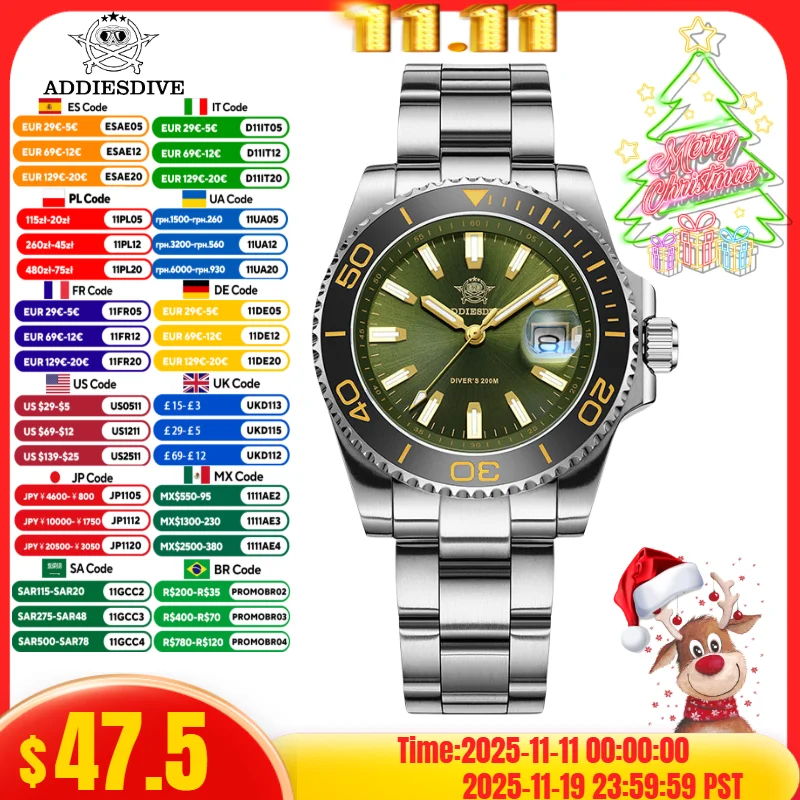 

ADDIESDIVE 41MM Watch Men's AD2510 200m Waterproof Outdoor Sports Watch Luminous Quartz Watch Relogios Masculino 316L Steel