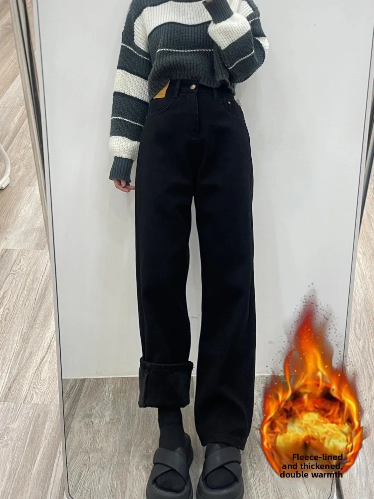 Thiened Fce المرأة الجينز الخريف الشتاء حجم كبير فضفاض مستقيم الساق بنطال ذو قصة أرجل واسعة الكمثرى القرد الجسم التخسيس بنطلون