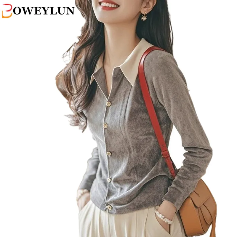 BOWEYLUN French Style Velvet Long-sleeved Shirt Women Spring and Autumn Commuter Solid Color Lapel Shirt Cardigan Female