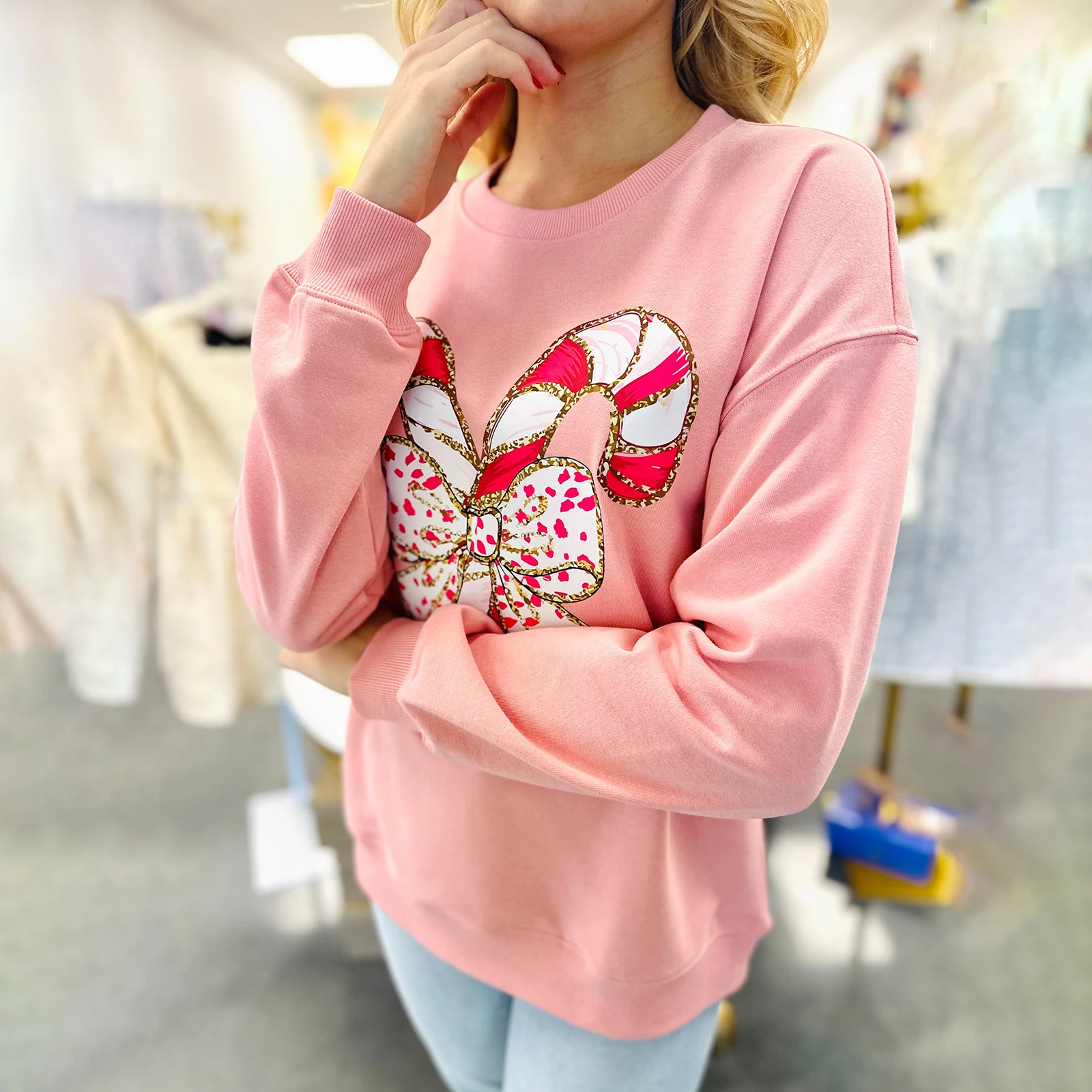 بلوزات عيد الميلاد النسائية طويلة الأكمام طاقم الرقبة القوس كاندي قصب طباعة هوديي البلوز ل عارضة جولة الرقبة الأزياء السترة