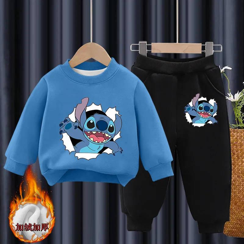 Disney Stitch Print Long-sleeved Loose Clothes Suits Anime Autumn Winter O-neck Pullover Crewneck Warm Childrens Sweatshirt Set