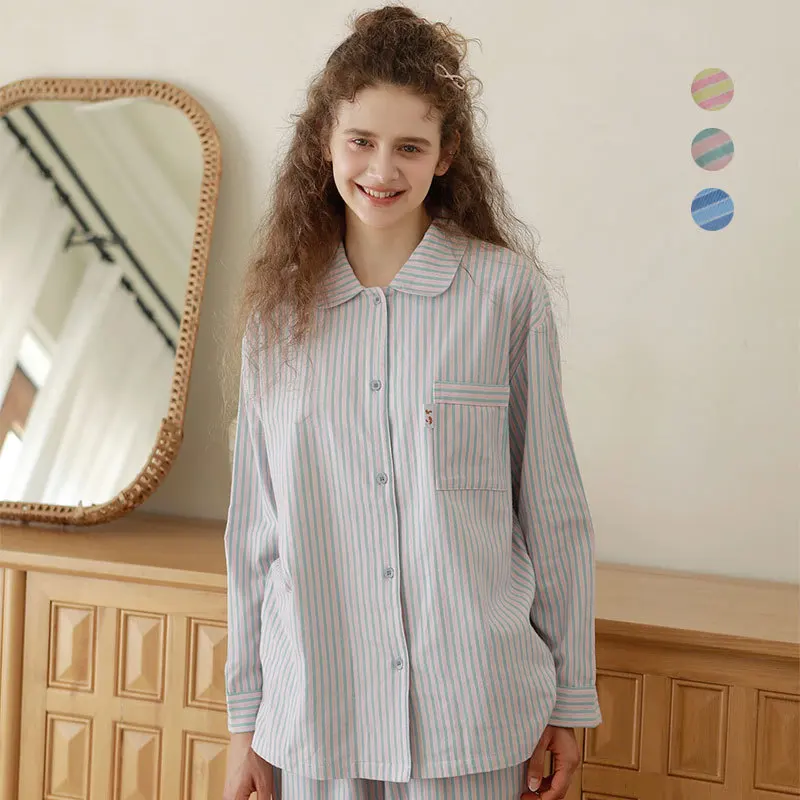

2 Piece Striped Pajama Set Women Korean Loungewear Cotton Sleepwear Cute Bear Embroidery Preppy Style Button Down Homewear