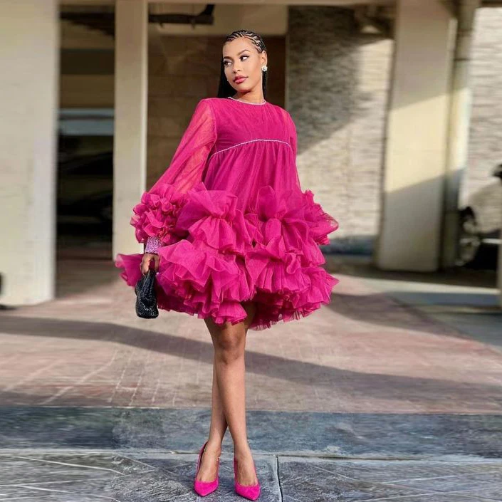 Fuchsia Long Sleeves Short Party Dress Ruffles Puffy African Girls Prom Gown Robe De Soiree Women Above Knee Formal Wear