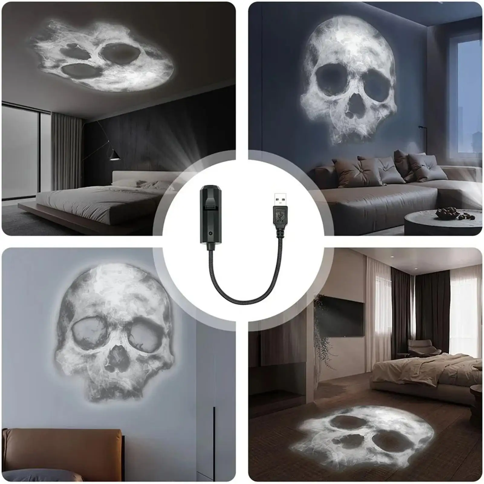 Lámpara magnética para proyector de calavera de Halloween, 3 modos, mueca con huella a mano aterradora, luz LED nocturna en forma de calavera, proyector giratorio USB