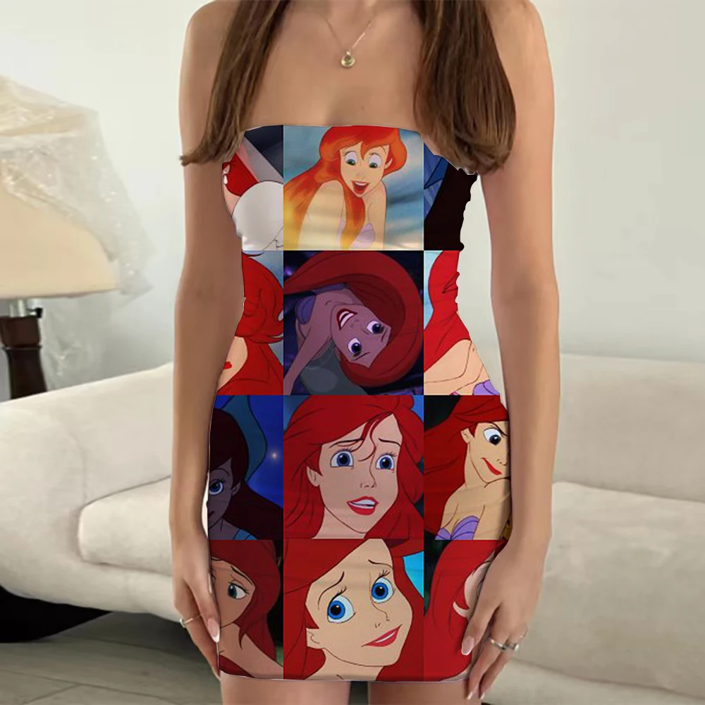 Summer Fashionable Pullover to Knee Straight Dress Comfortable Casual Dress Ariel 3D Cartoon Print Women's Tube Top Dress