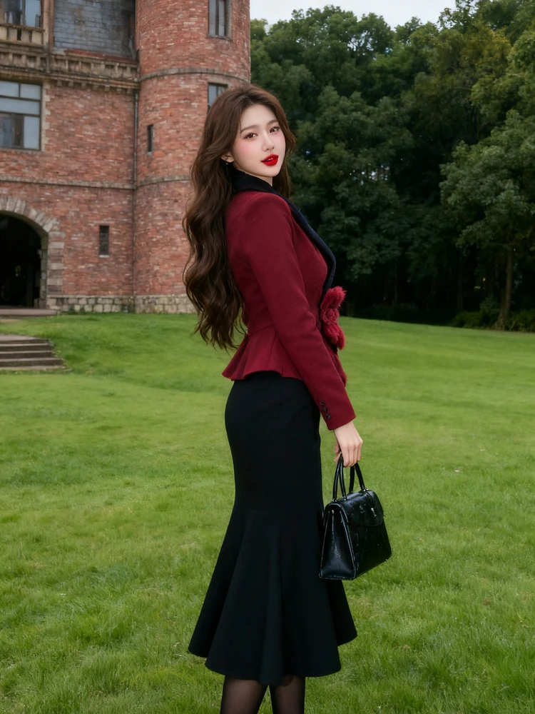 

Красный лоскутный костюм «Тет» и юбка с запахом, комплект из двух предметов для женщин, профессиональная карьерная женская элитная мода