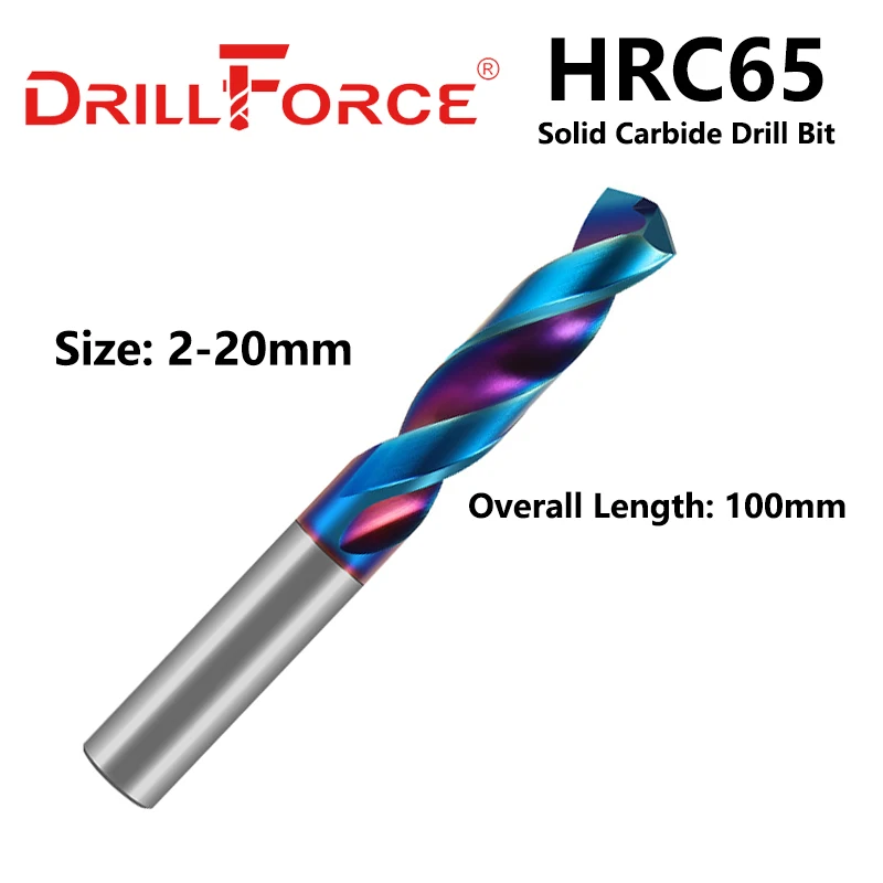 Drillforce-OAL HRC65 Conjunto de brocas de carboneto sólido, flauta espiral, broca torcida para liga dura, ferramenta inoxidável, 2mm, 20mm x 100mm, 1Pc