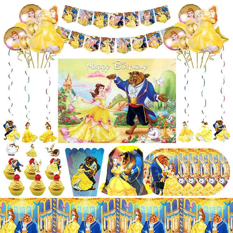 Disney Die Schöne und das Biest Geburtstag Party Dekoration Zubehör Set Belle Princess Pappbecher Teller Tischdecke Luftballons Deko Kit