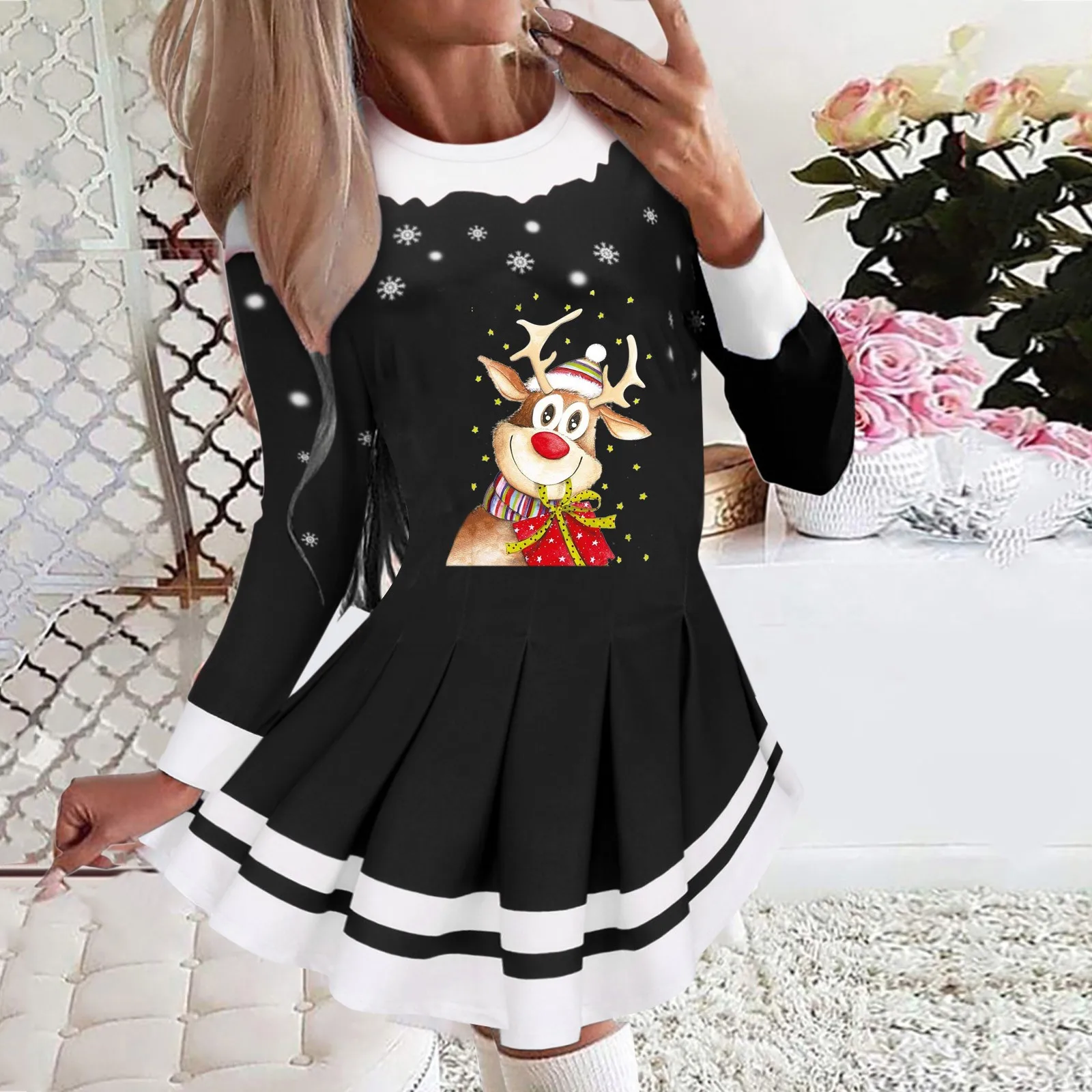 Women Christmas Dress Eik Snowflake Print Print Long Sleeve Ladies Party Dresses Slim Waist Pleated Xmas New Year Dress Vestido