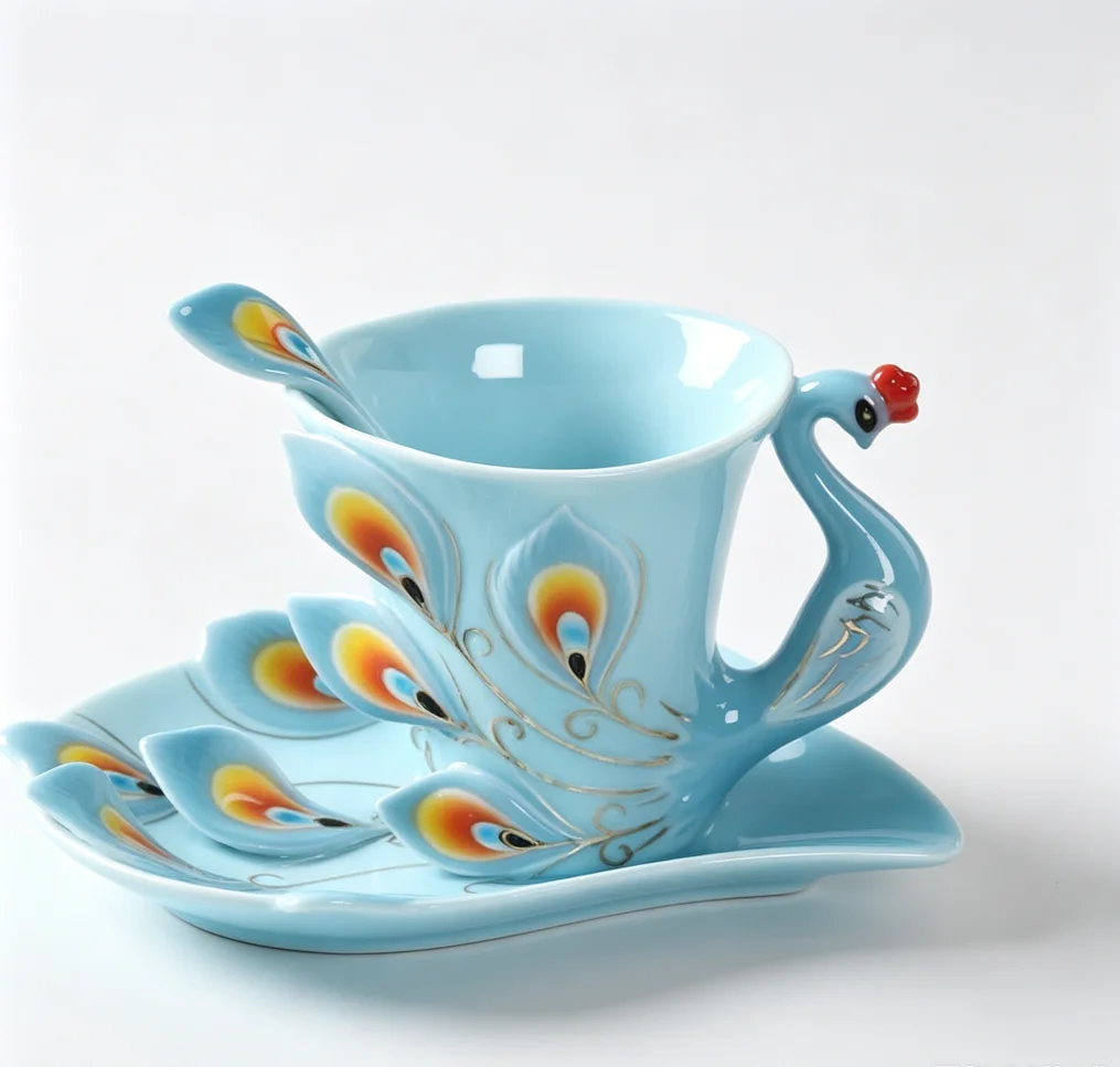 Peacock Shaped Ceramic Coffee Cup with Saucer & Spoon, Creative 3D Art Tea Mug, Elegant Home Decor, 200ml Drinkware Gift
