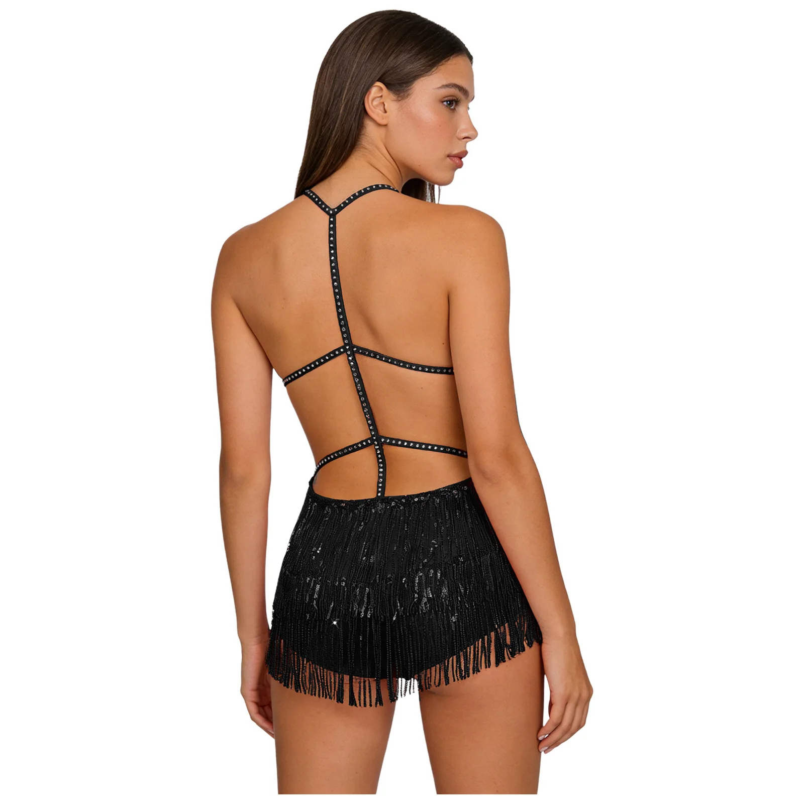 

Women Belly Dance Performance Costume Latin Dance Leotard Dress Sequin Tassels Backless Tango Cha-cha Samba Fringed Bodysuit