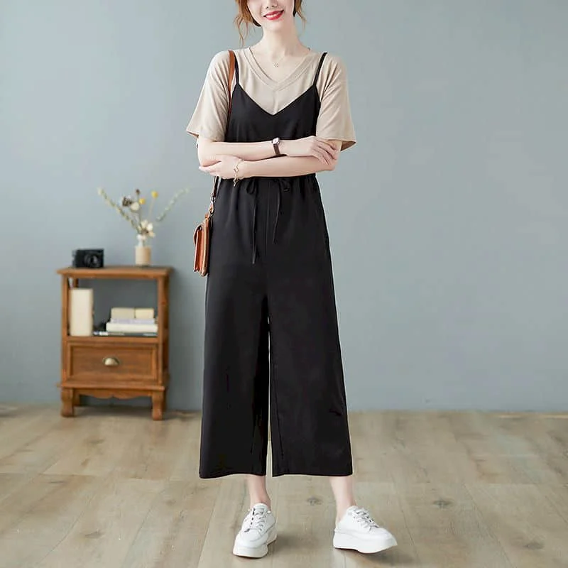 Jumpsuits for Women Loose Solid Black Playsuits Safari Style One Piece Outfit Women Casual Overalls Retro Cropped Straight Pants