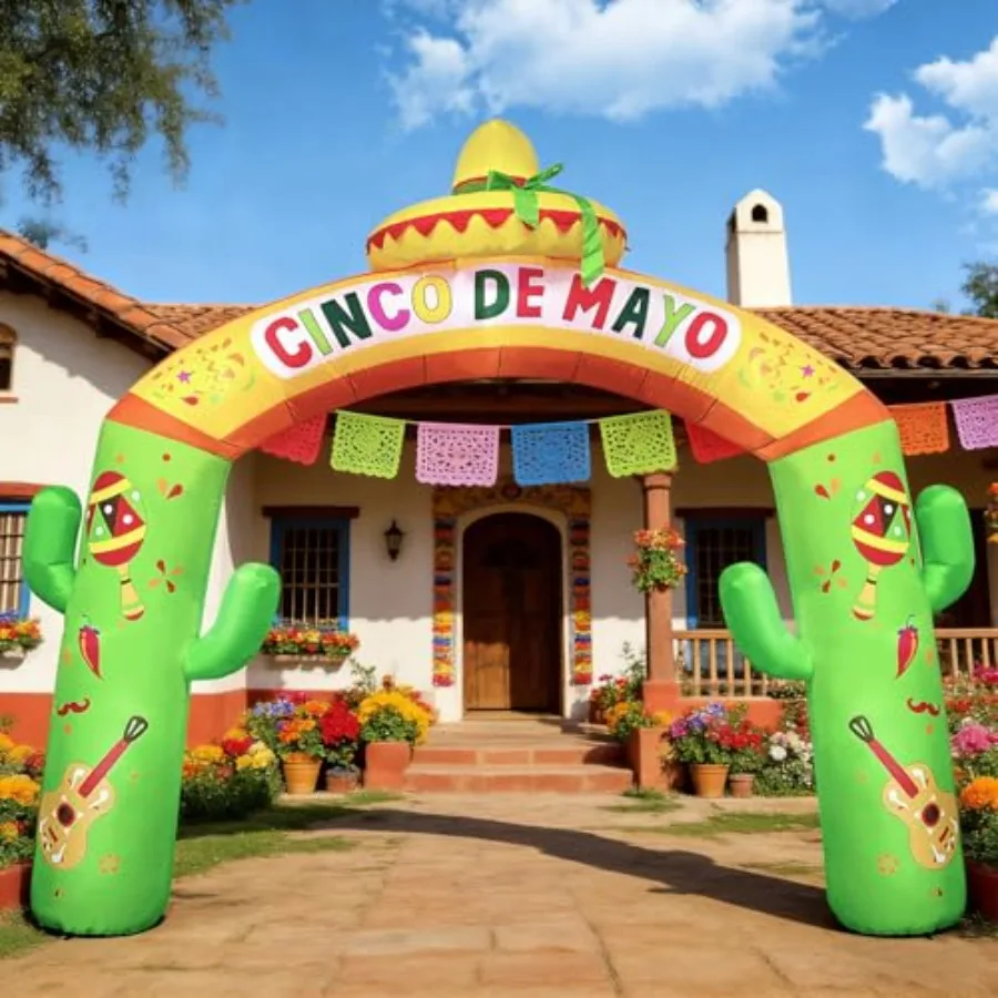 

10FT Long Cinco De Mayo Inflatable Archway, Mexican Fiesta Cactus Arch with Sombrero Maracas Guitar Chili and Built-in LEDs Lig