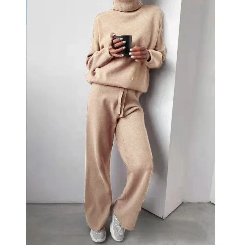 Women Winter Sweater Clothes Set Turtleneck Solid Color Stitching Lady Knitted Two-piece Suit  Woman Sweaters