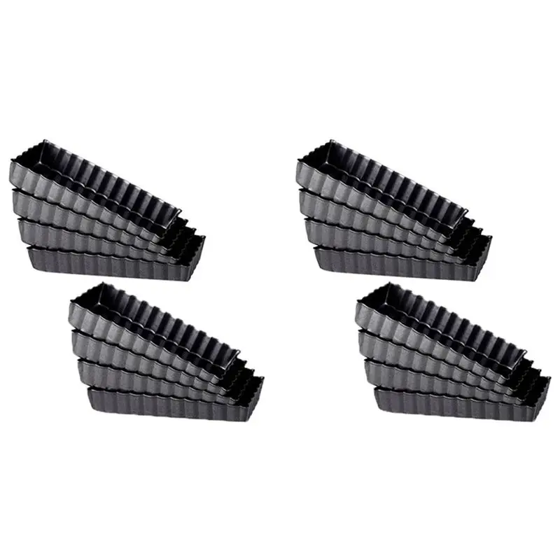 AB47-16 Pcs Non-Stick Quiche Tart Pans Rectangle With Removable Bottom,Fluted Tart Tin For Fruit Pie Cake Biscuit Baking