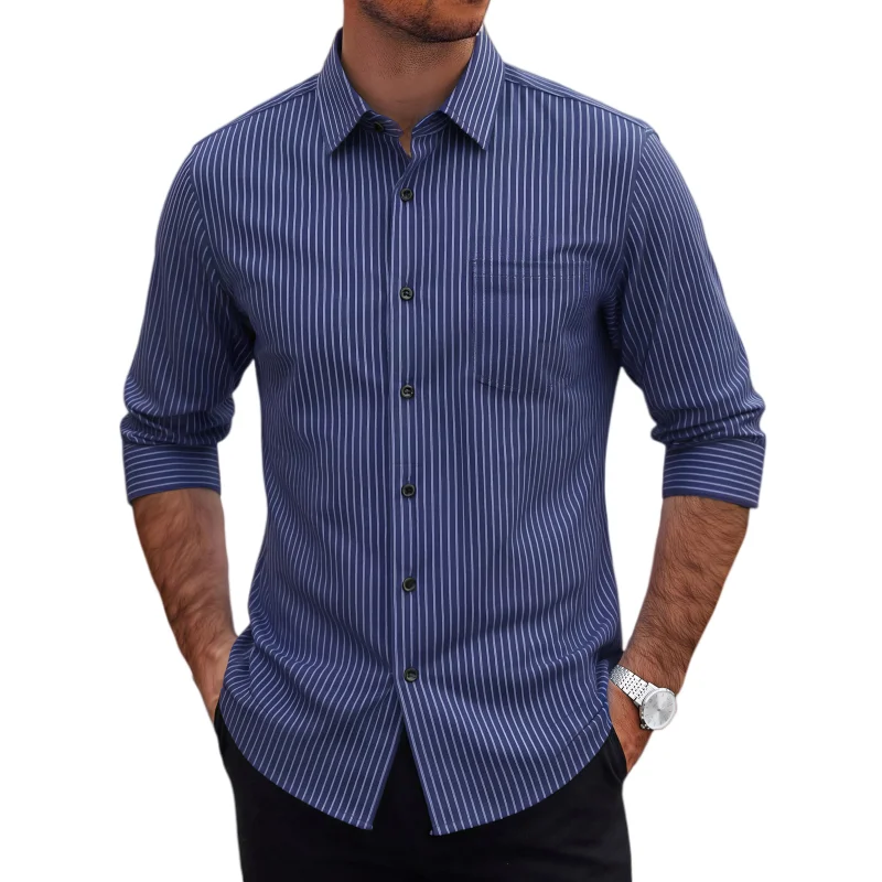 Men's long-sleeved striped workwear shirt, suitable for spring, autumn, casual wear, versatile and comfortable, fashionable.