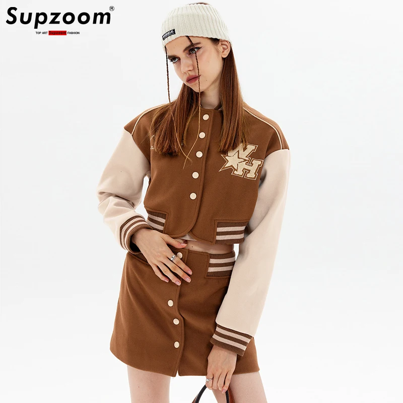 Supzoom New Arrival Top Fashion Uniform College Style Set Women's Early Autumn Sweet And Spicy Skirt Short Baseball Suit Jacket