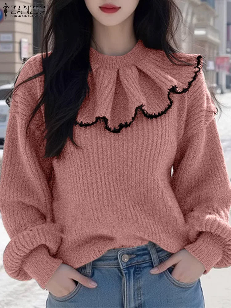 ZANZEA Sweety Long Sleeve Blouse Holiday Korean Pit strip Knitted Tees Fashion Women Ruffled Stitching Neck Tops Vintage T-shirt