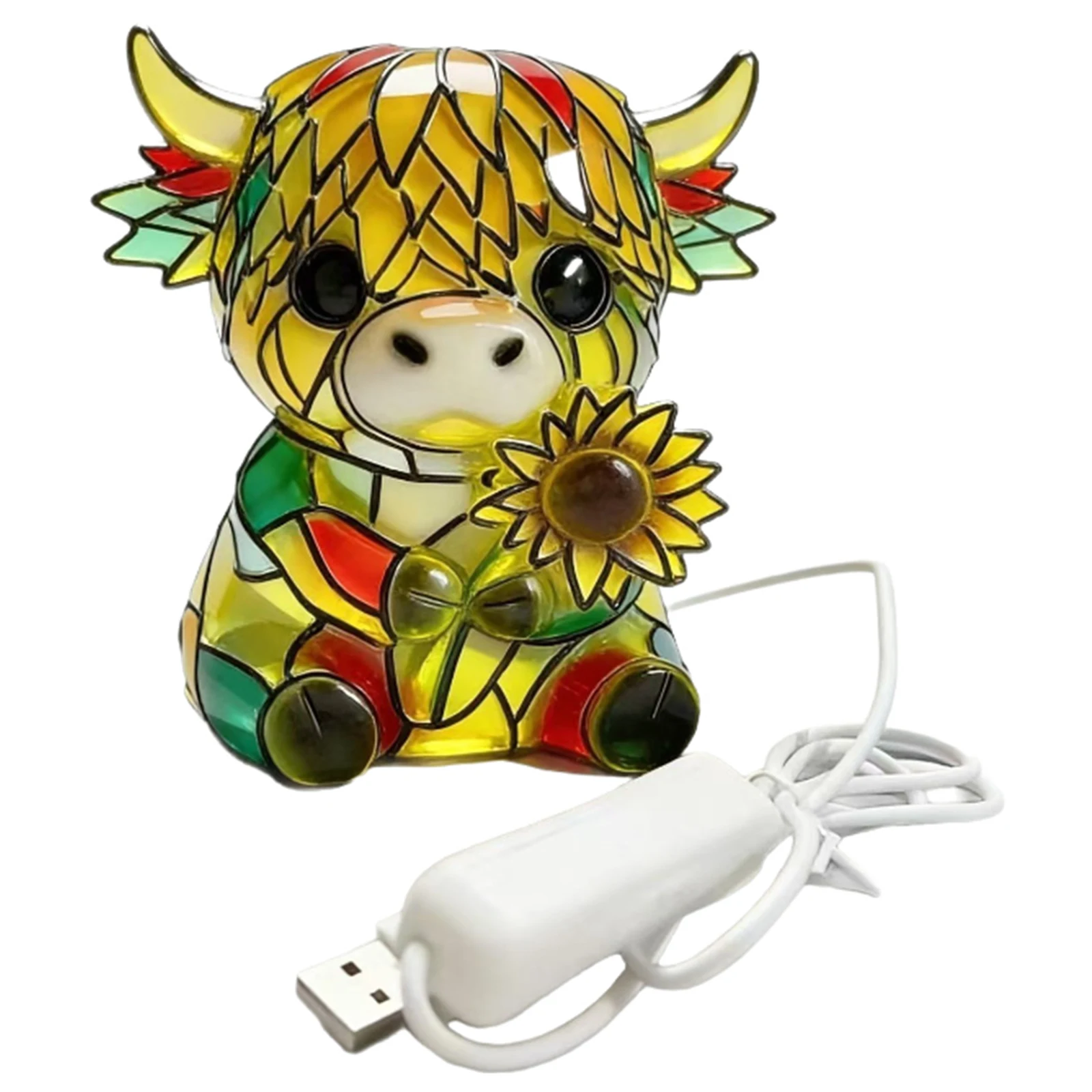 Resin Sunflower Highland Cow LED Night Light with USB Ports Cute Bedside Lamp for Home Office Bedroom Living Room Desk Decor
