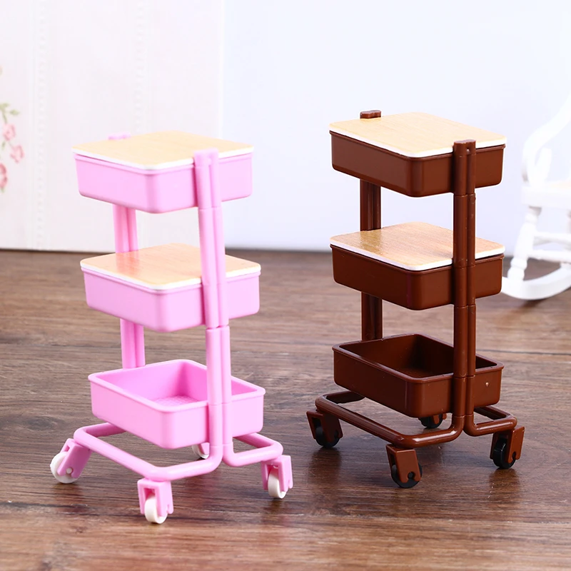 1:12 Dollhouse Miniature Three Layers Trolley Dining Cart With Wheels Storage Display Shelf Bookshelf Furniture Model Decor Toy