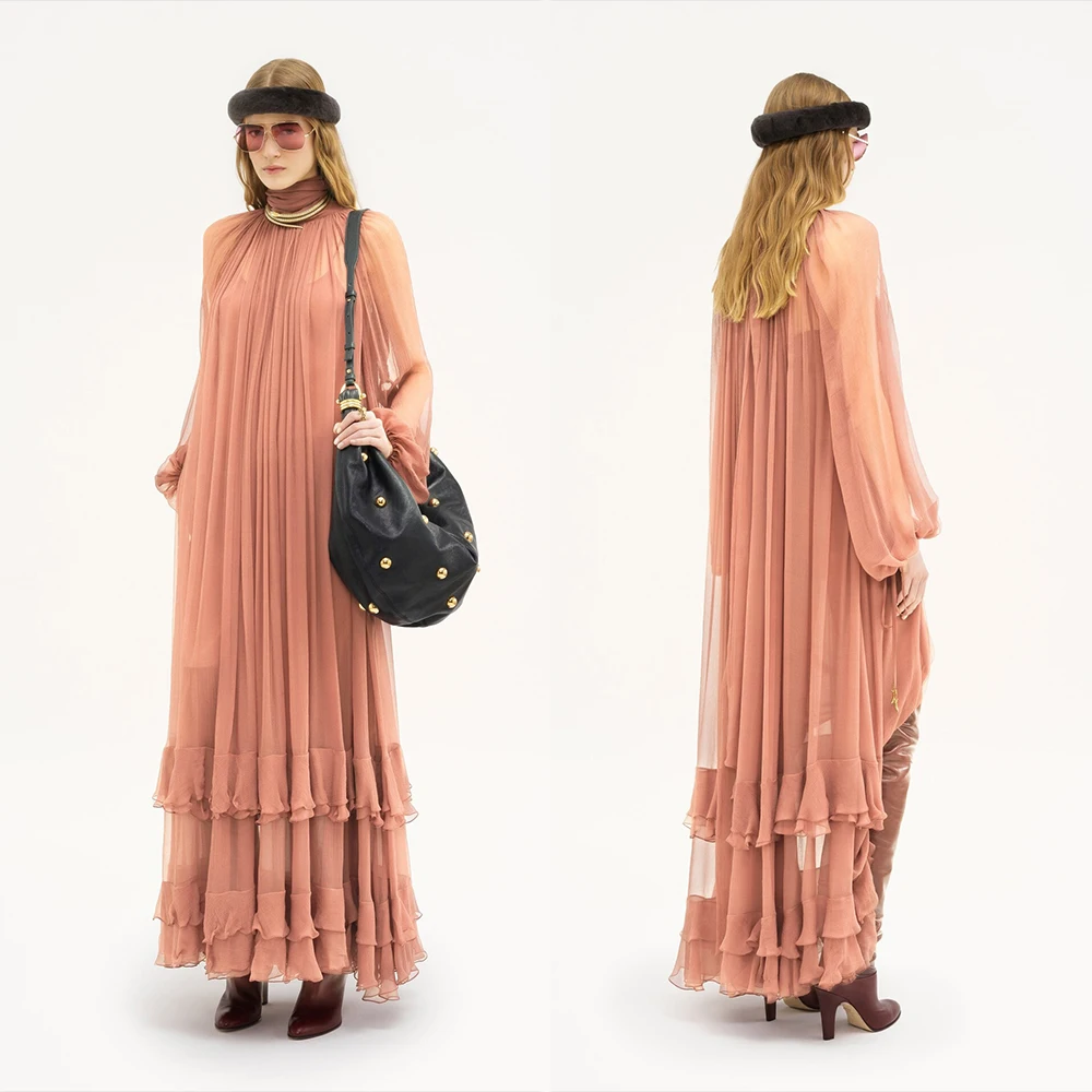 Women's Casual Crew Neck Long Sleeve Sheer Mesh Ruffle Layer Flowy Maxi Dresses Elegant Birthday Party Resort Dress Evening Gown