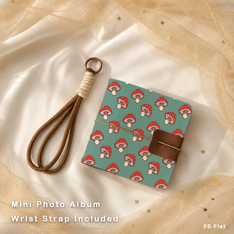 Cute Red Mushroom Print Mini Photo Album Portable Pocket Photo Storage Book with Detachable Wrist Strap Ideal Gift for Girls