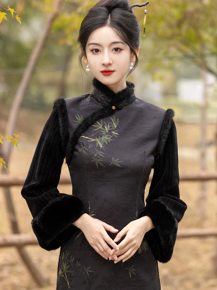 

Winter Young Sle Long Sve Bla Qipao New Chinese Sle Slimming Ele Faionable High Collar Full Length Traditional...