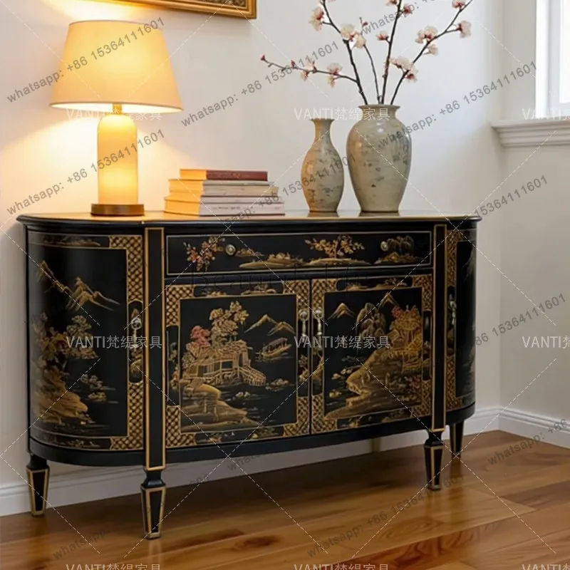 FG French Chinese style retro painted entrance decorative cabinet solid wood hand painted storage side cabinet