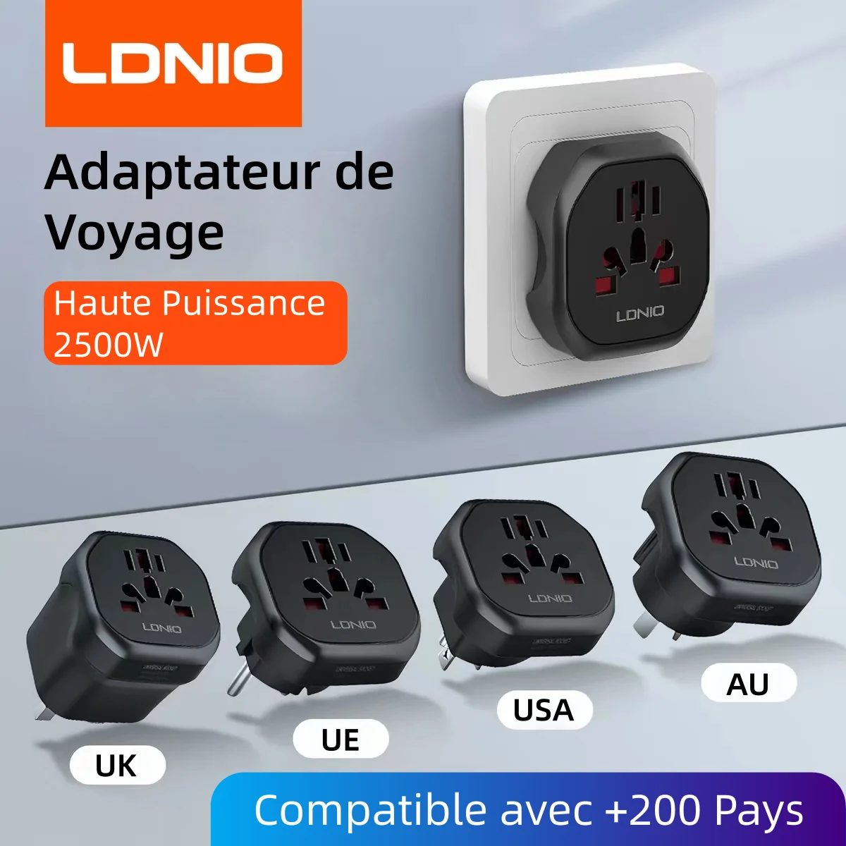 LDNIO Z7 Adaptateur de prise universel EU UK AU US, adaptateur de prise portable pour maison et voyages compatible avec plus de 200 pays