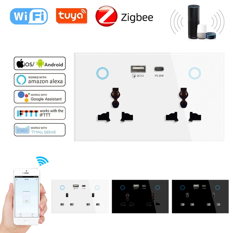 Universal Standard 147 British Socket Tuya Zigbee Smart Socket Tempered Glass Panel WIFI 2-Bit USB Charging Socket Concealed