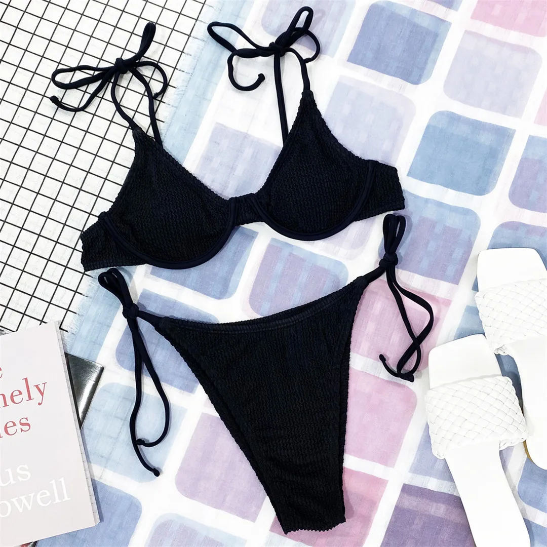Gefalteter, geraffter, mit Bügel versehener BH, Bikini, Damen-Badeanzug, zweiteiliger Bikini-Set, Badebekleidung, Badeanzug, Schwimmbekleidung V3097 – Detail 23