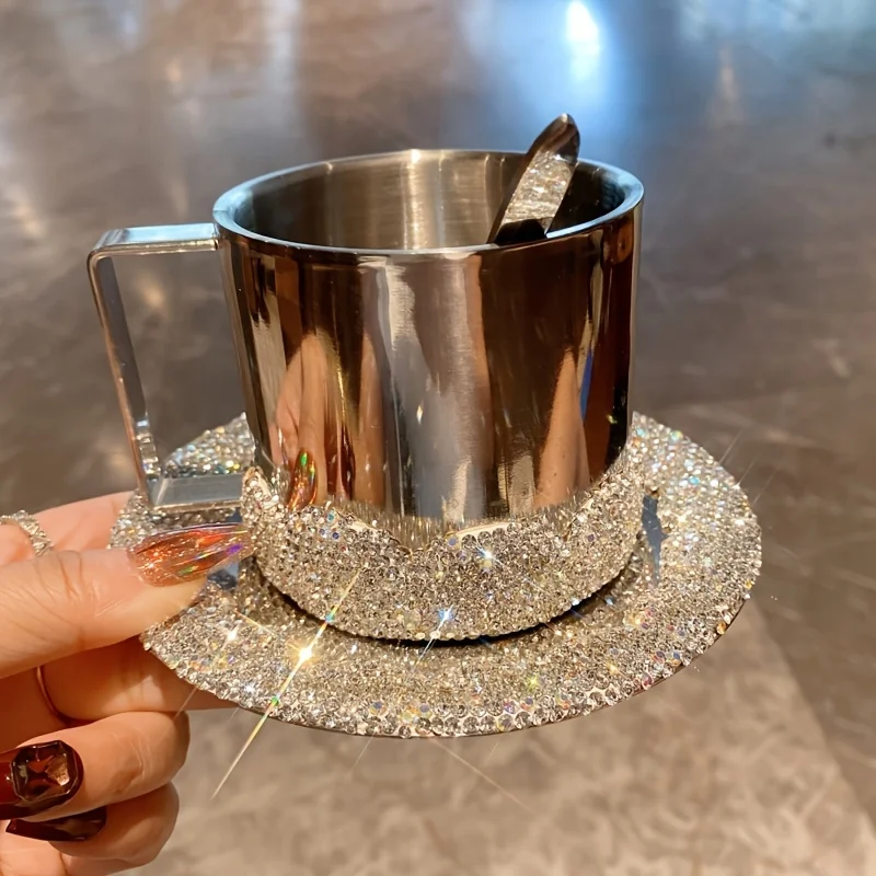 Rhinestone Coffee Cup Set with Saucers Shimmering Stainless Steel Insulated Mugs  Dessert Plates for Americano Latte Cafe Gift