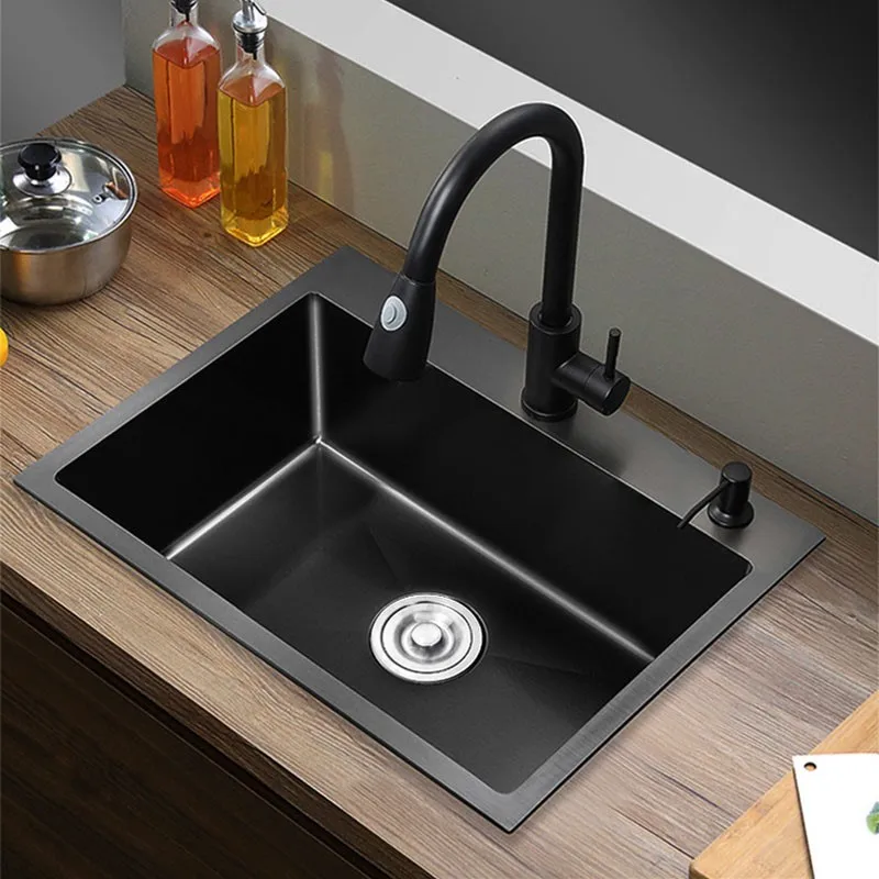Grand lavabo à cuvette unique encastré à montage supérieur, évier de cuisine en acier inoxydable SUS304 fait à la main, éviers de cuisine noirs avec passoire à panier