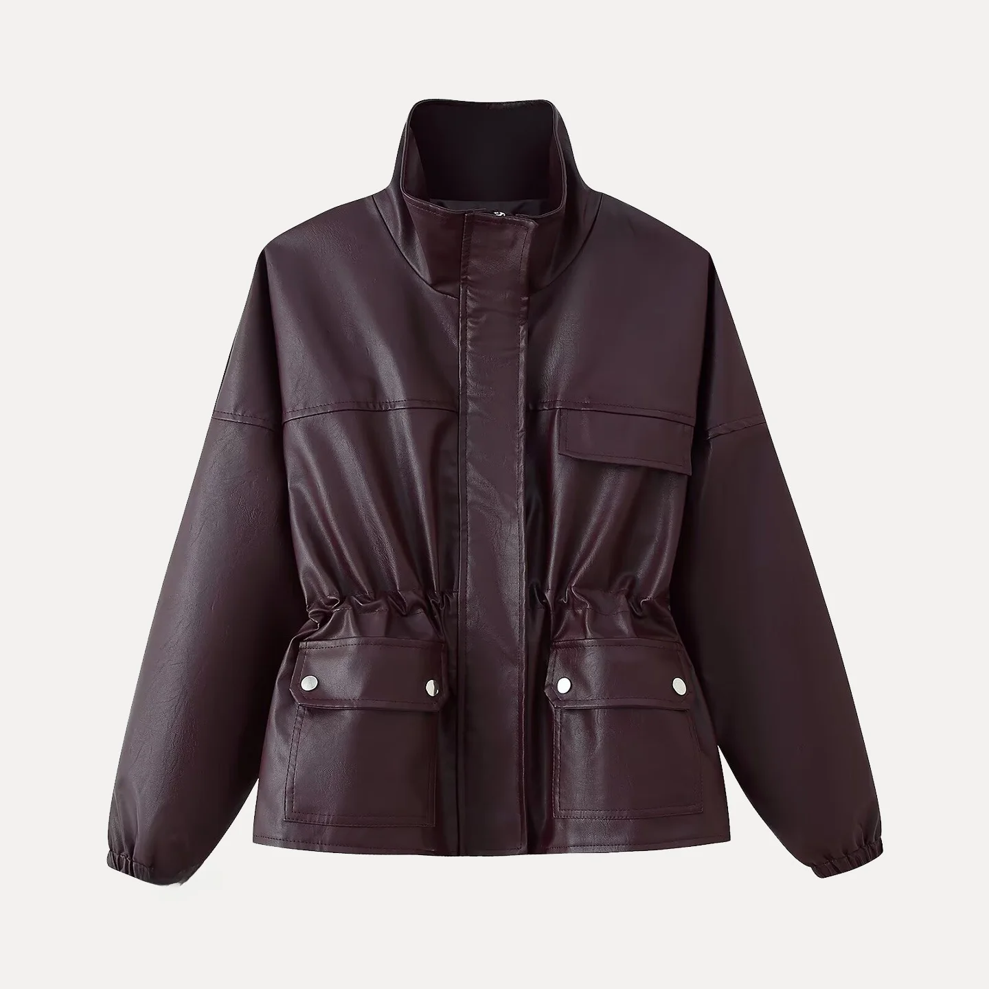 패셔너블한 가죽 재킷 여성용 가을 2025 허리 조임 스탠드 칼라 키트 디테일 개성 있는 아우터웨어 코트