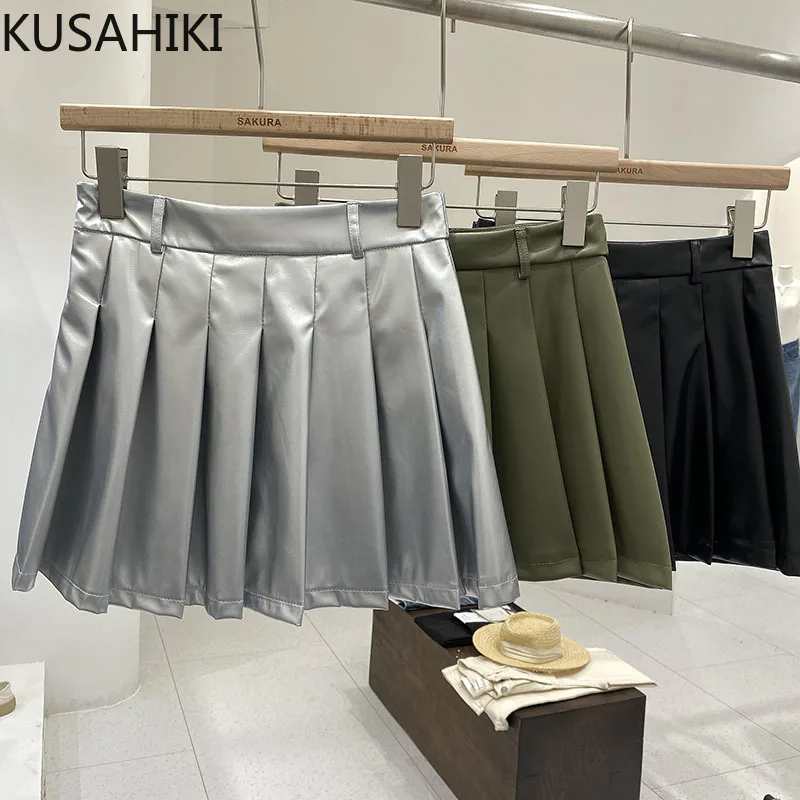 

KUSAHIKI 2023 Autumn New Korean Silver PU Leather Skirts Womens Fashion High Waisted Causal A-line Mini Y2k Skirt Mujer Faldas